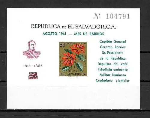 El Salvador 1961: 96. Todestag von Gerardo Barrios Block #11, postfrisch, Blumen