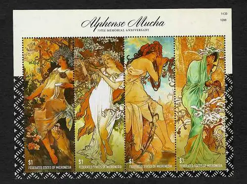 Micronesien: Alfons Mucha, Gemälde Vier Jahreszeiten, postfrischer Block