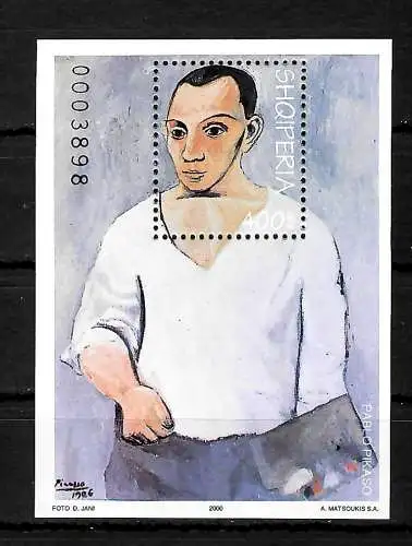 Albanien 2000: Pablo Picasso, Selbstportrait, #2766, Block #126, postfrisch