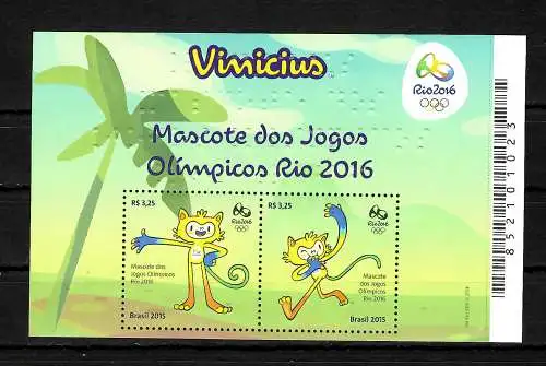 Brasilien 2015 Macote dos Jogos Olimpicos Rio 2016, Olympische Spiele postfrisch