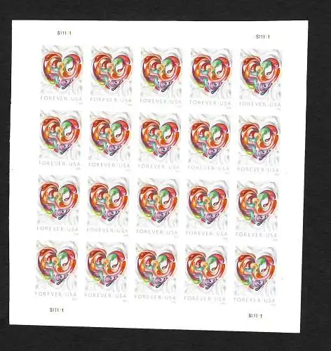 USA 2016: Grußmarke Herz, heart, sheet, 20x stamps, postfrisch mnh