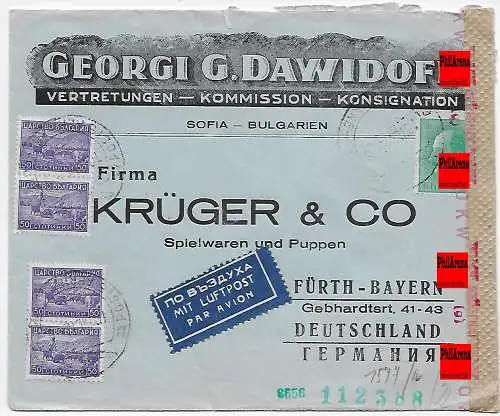 Bulgarien: Luftpost Sofia nach Fürth Spielwaren, Puppen 1943 - OKW Zensur