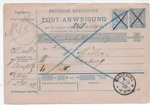 DR 1882: Post-Anweisung Derenburg/Magdeburg