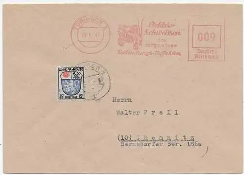 Franz. Zone 1947: Freistempel, MiF, Tübingen, Elektro Schweisser nach Chemnitz