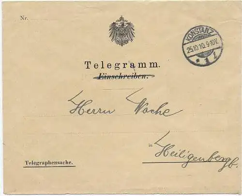 DR 1910: Telegramm-Umschlag von Konstanz nach Heiligenberg