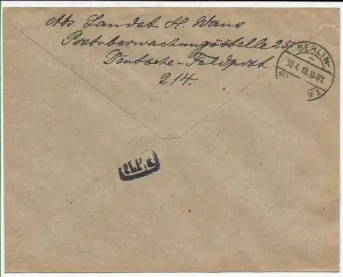 Besetzung I. WK Polen: OB. Ost, Einschreiben Mitau nach Berlin-Wilmersdorf 1918