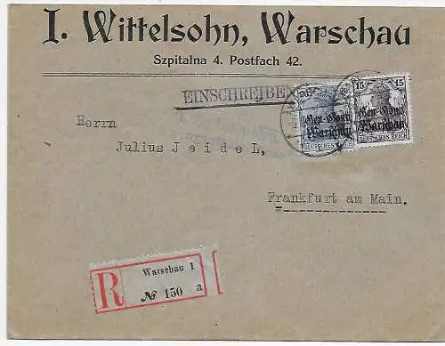 I. WK Polen: Einschreiben Warschau 1918 nach Frankfurt, Zensur