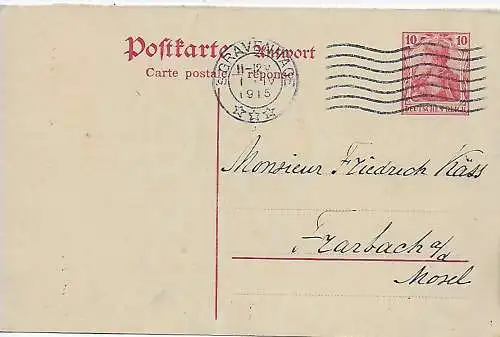 DR: Antwortpostkarte 1915, Germania von NL, s'Gravenhage, Stempeldatum falsch?