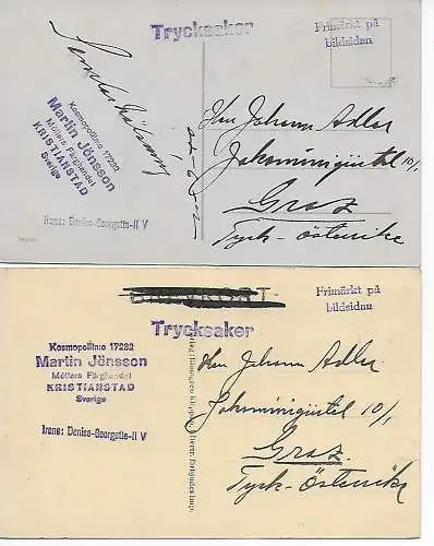 Schweden: 2x AK Trycksaker, Kritianstad nach Graz, um 1922