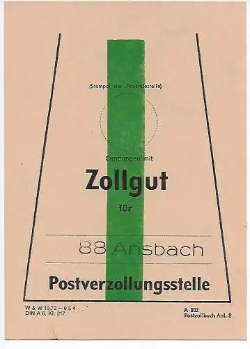 Bund: Postvordruck Stadt Gunzenhausen, Testabschläge 1979 auf Zollgut Ansback