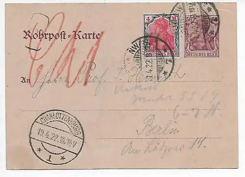 DR: Rohrpostkarte 1922, Charlottenburg nach Berlin