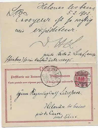 DR: Ganzsache mit Antwortkarte 1903 Berlin nach Ägypten, Cairo