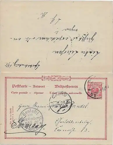 DR: Ganzsache mit Antwortkarte 1903 Berlin nach Ägypten, Cairo