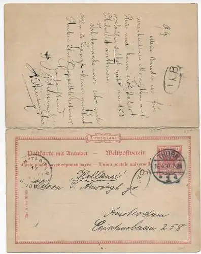 DR: Ganzsache mit Antwortkarte 1897 Thorn nach Amsterdam