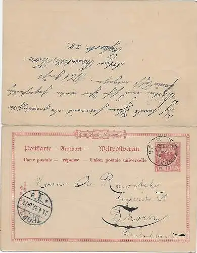 DR: Ganzsache mit Antwortkarte 1897 Thorn nach Amsterdam