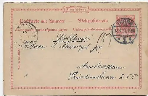 DR: Ganzsache mit Antwortkarte 1897 Thorn nach Amsterdam