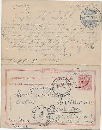 DR: Ganzsache mit Antwortkarte 1901: Oybin-Zittau Bahnpost nach Russland