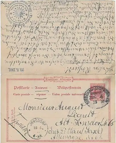 DR: Ganzsache mit Antwortkarte 1901: Oybin-Zittau Bahnpost nach Russland