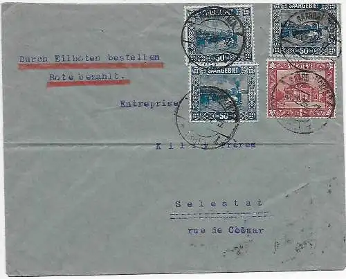 Saargebiet 1926: Brief aus Saarbrücken als Eilbote nach Selestat/Colmar