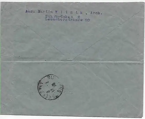Saargebiet 1926: Brief aus Saarbrücken als Eilbote nach Selestat/Colmar