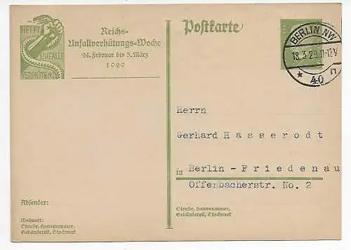 DR: Ganzsache P186, gestempelt Berlin 1929, Unfallverhütungs-Woche