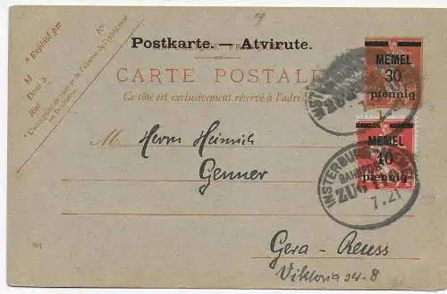 Memel 1921: Bahnpoststempel Insterburg-Memel nach Gera