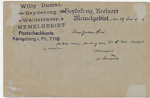 Memel 1921: Bahnpoststempel Insterburg-Memel nach Gera