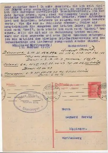 DR: Ganzsache Doppelkarte mit Antwort, Stavanger nach Göppingen 1927