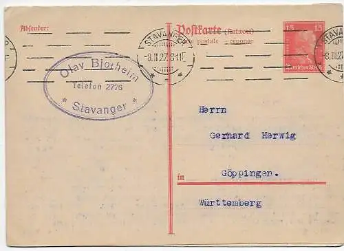 DR: Ganzsache Doppelkarte mit Antwort, Stavanger nach Göppingen 1927