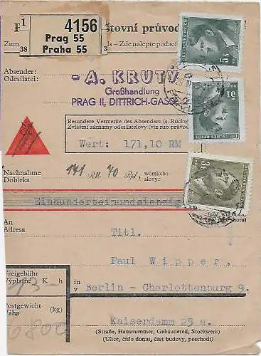 B&M: Paketkarte Prag mit Wertangabe nach Berlin, 1943