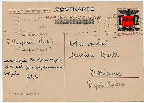 GG: Ganzsache P7F, gestempelt Krakau nach Kozienice/Radom, 1940