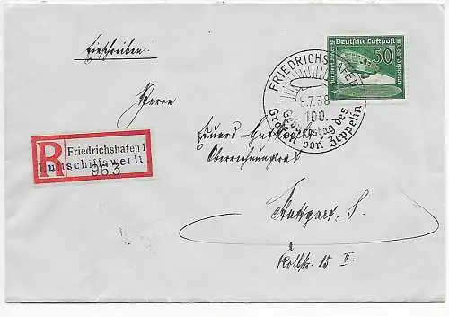 DR: Friedrichshafen, Einschreiben Luftschiffswerft 1938 mit Sonderstempel