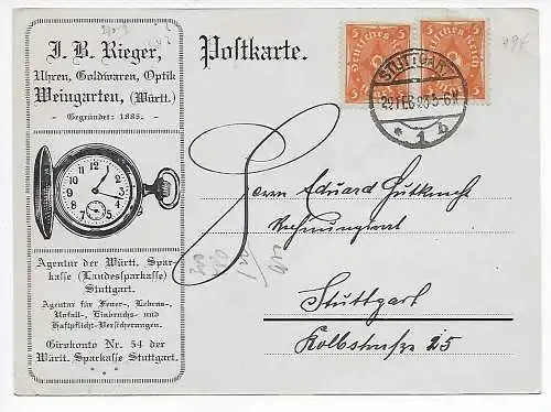 DR: Postkarte Weingarten nach Stuttgart, 1923, Werbung Uhren, Taschenuhren