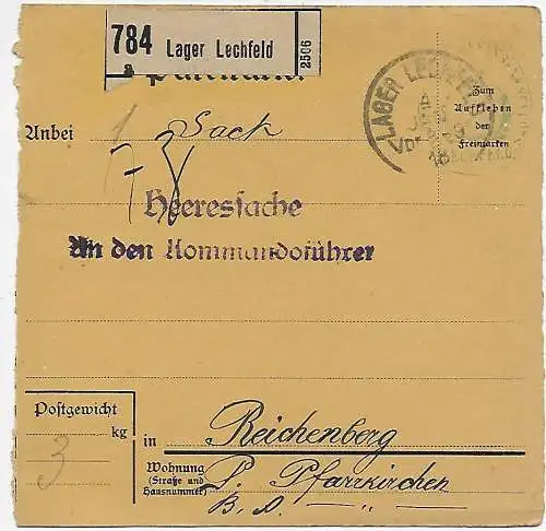 DR: Paketkarte Lager Lechfeld nach Reichenberg 1918, Heeressache