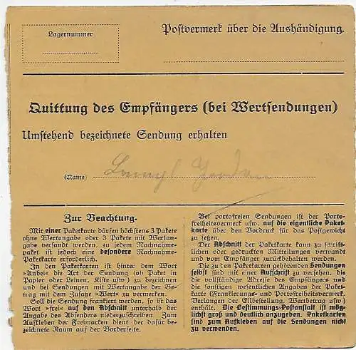 DR: Paketkarte Lager Lechfeld nach Reichenberg 1918, Heeressache