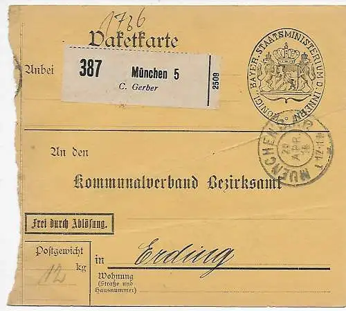 DR Paketkarte München, Selbstbucher Staatsministerium d. Innern nach Erding 1916