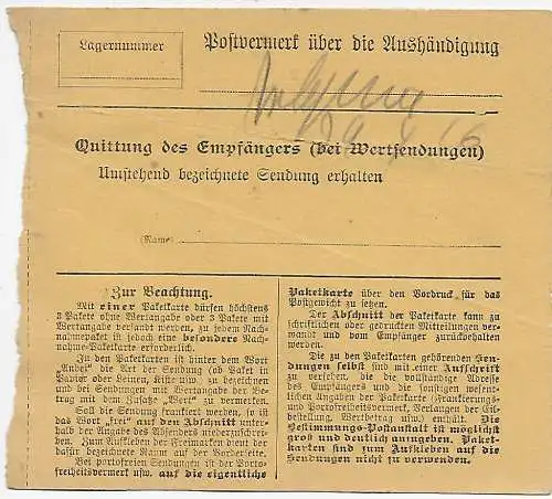 DR Paketkarte München, Selbstbucher Staatsministerium d. Innern nach Erding 1916