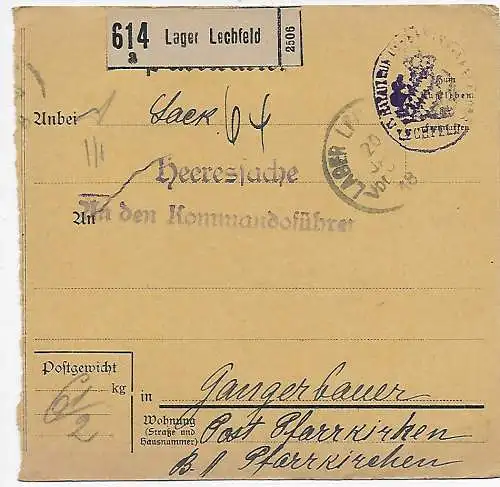 DR: Paketkarte Lager Lechfeld 1918 als Heeressache nach Gangerbauer