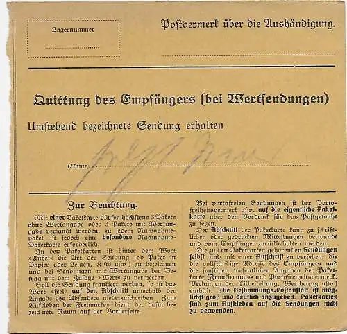 DR: Paketkarte Lager Lechfeld 1918 als Heeressache nach Gangerbauer