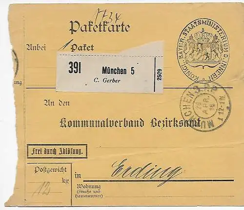 DR Paketkarte 1916 München, Selbstbucher Staatsministerium d. Innern nach Erding