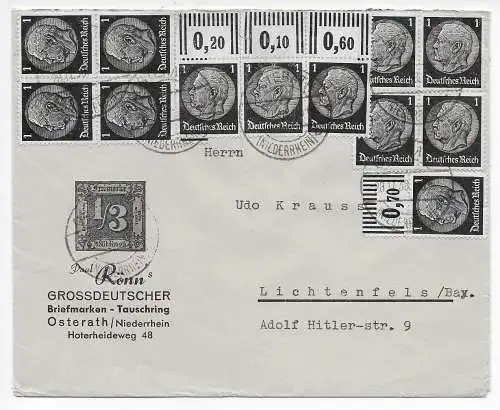 DR: Brief mit MeF von Osterrath nach Lichtenfels 1938