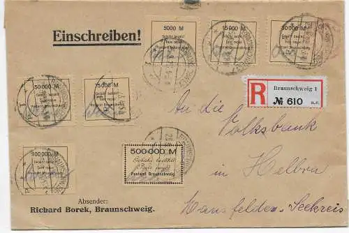 DR: Lokalausgabe Postamt Braunschweig, 1923, MiF auf Brief, Einschreiben