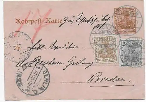 DR: Rohrpost - Karte 1905 von Berlin nach Breslau, Zeitung