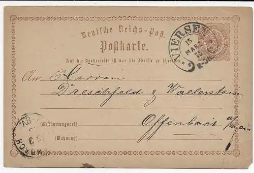 DR: Ganzsache von Viersen - Hufeisenstempel - 1875 nach Offenbach