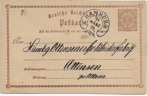 DR 1875: Ganzsache mit Hufeisenstempel Hamburg nach Ottensen