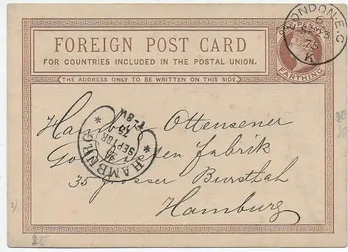 GB: London 1875, postcard to Hamburg