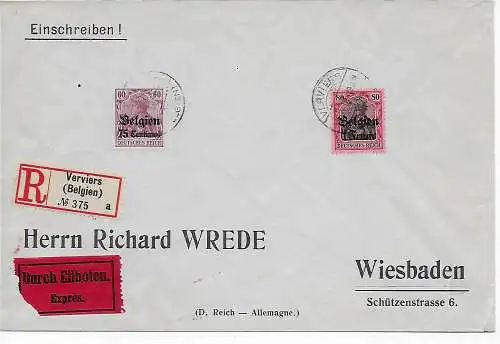 Besetzung I. WK Belgien: Einschreiben Eilboten Verviers nach Wiesbaden 1918