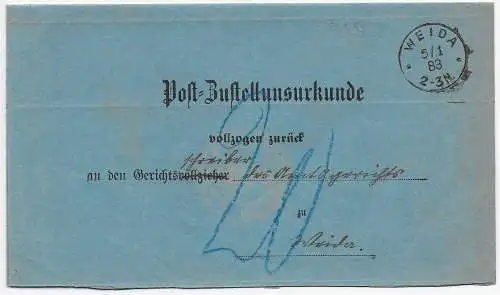 DR 1883: Post-Zustellurkunde von Weida nach Koefeln