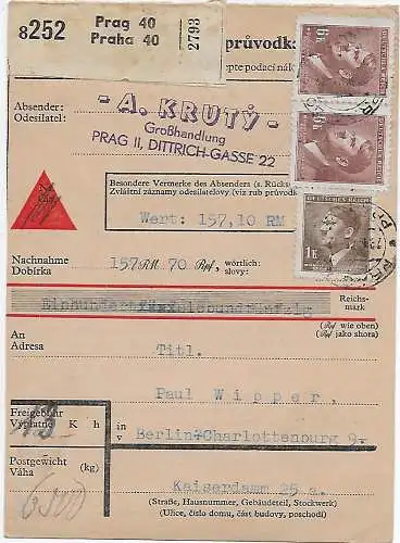 B&M: Paketkarte Prag 1945 nach Berlin