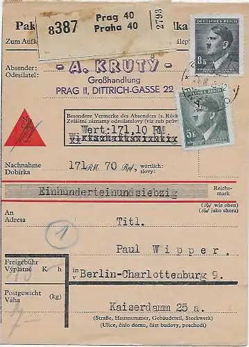 B&M: Wert-Paketkarte Prag 1945 nach Berlin